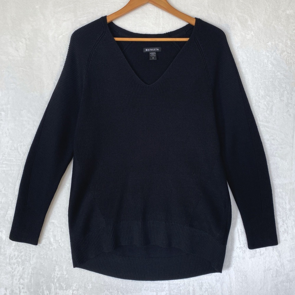Athleta Black Ribbed V Neck Sweater Long Sleeve Pullover Knit Top M‎